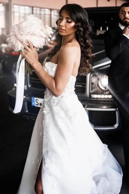 A-Line Tulle Sleeveless Floor-Length Sweetheart Split Front Wedding Dresses with Appliques - Image 2