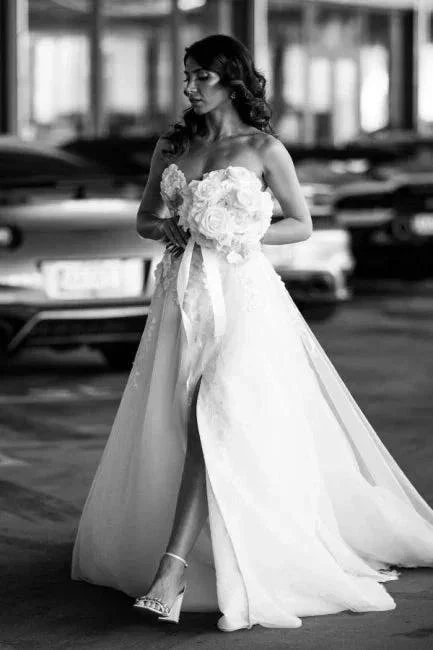 A-Line Tulle Sleeveless Floor-Length Sweetheart Split Front Wedding Dresses with Appliques - Image 3