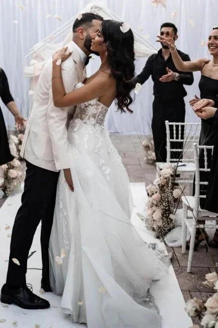 A-Line Tulle Sleeveless Floor-Length Sweetheart Split Front Wedding Dresses with Appliques - Image 5