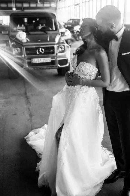 A-Line Tulle Sleeveless Floor-Length Sweetheart Split Front Wedding Dresses with Appliques - Image 6