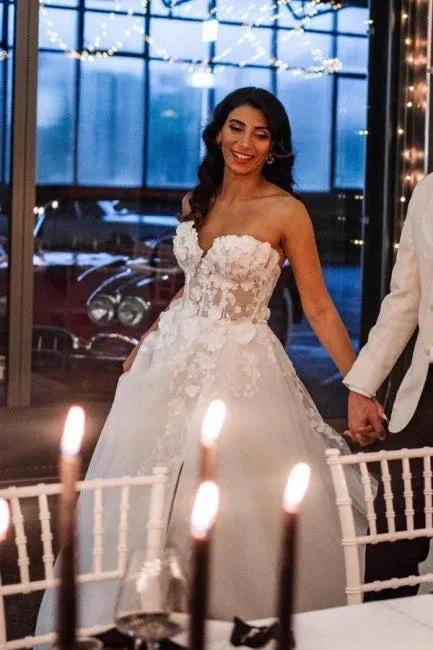 A-Line Tulle Sleeveless Floor-Length Sweetheart Split Front Wedding Dresses with Appliques - Image 8