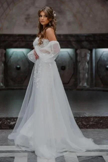 A-Line Tulle Strapless Mermaid Floor-Length Wedding Dresses with Lace - Image 2