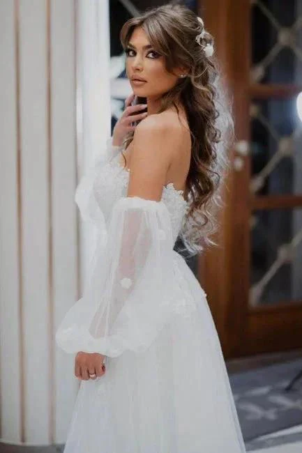 A-Line Tulle Strapless Mermaid Floor-Length Wedding Dresses with Lace - Image 3