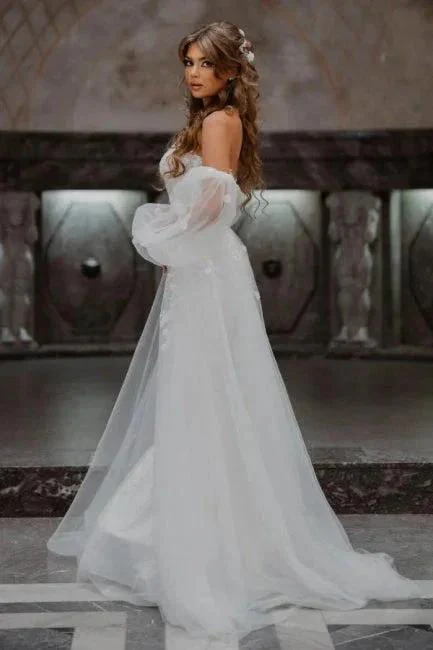 A-Line Tulle Strapless Mermaid Floor-Length Wedding Dresses with Lace - Image 4