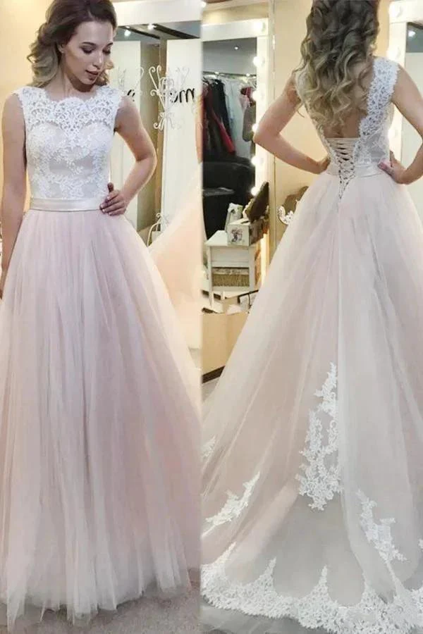 A-line Tulle Sweep Train Wedding Dress With Lace Applique  WD180 - Image 2