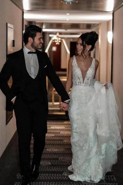 A-Line Tulle V-Neck Straps Floor-Length Stain Sleeveless Wedding Dresses with Appliques - Image 2