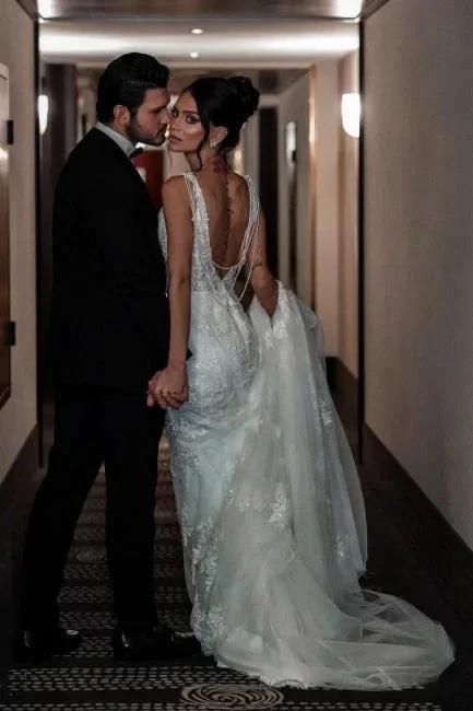 A-Line Tulle V-Neck Straps Floor-Length Stain Sleeveless Wedding Dresses with Appliques - Image 4