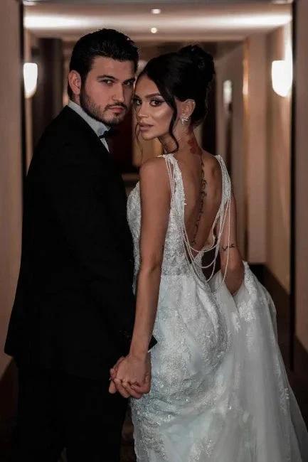 A-Line Tulle V-Neck Straps Floor-Length Stain Sleeveless Wedding Dresses with Appliques - Image 6