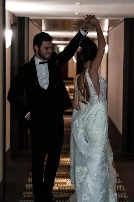 A-Line Tulle V-Neck Straps Floor-Length Stain Sleeveless Wedding Dresses with Appliques - Image 7