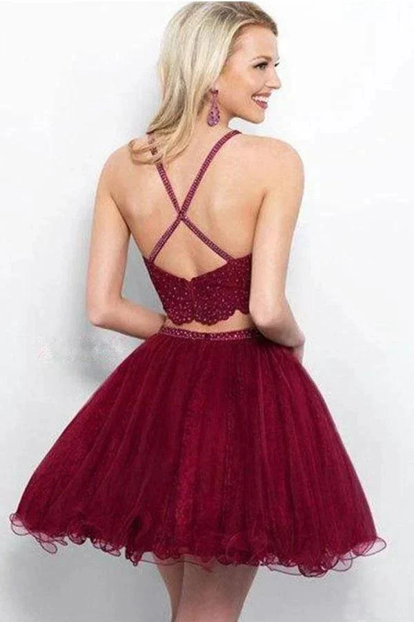 A Line Two Piece  Appliques Burgundy Short Homecoming Dresses with Beading  PD263 - Image 2