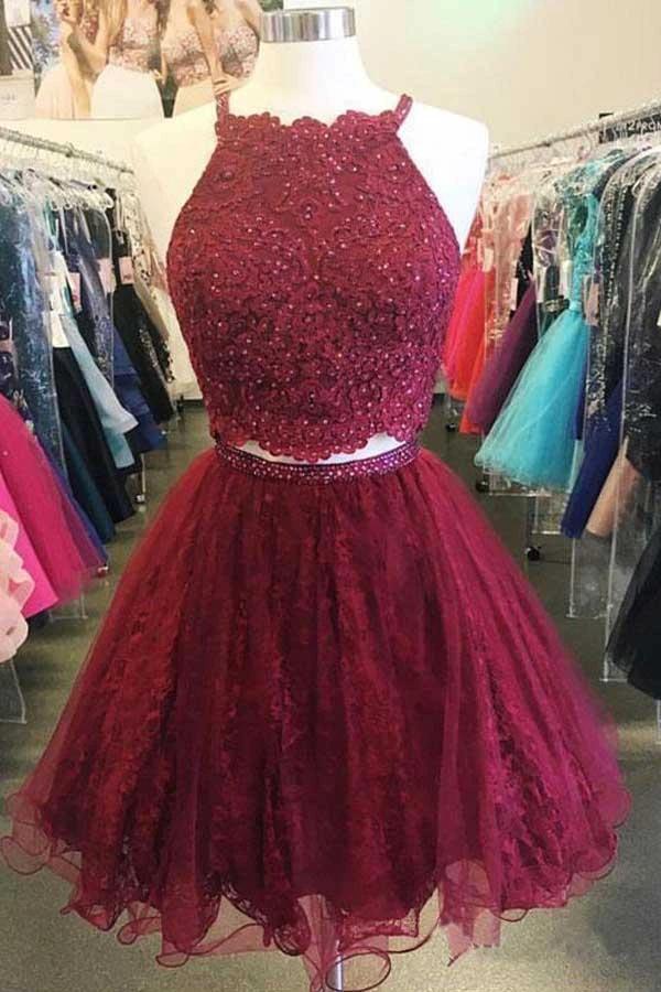 A Line Two Piece  Appliques Burgundy Short Homecoming Dresses with Beading  PD263 - Image 3