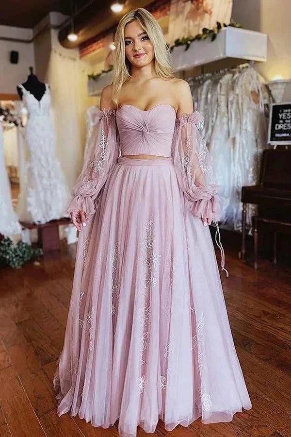 A-Line Two-Piece Dusty Pink Prom Dress with Sleeves PSK508 - Image 2