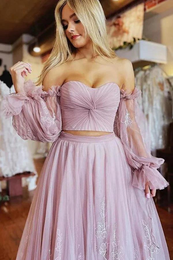 A-Line Two-Piece Dusty Pink Prom Dress with Sleeves PSK508 - Image 4