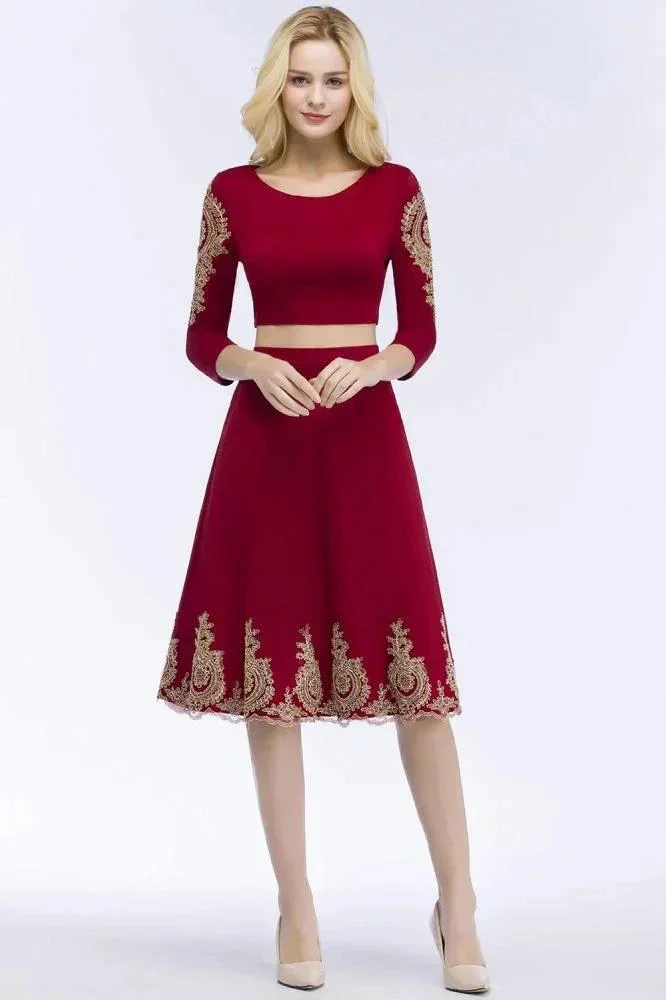 A-line Two-piece Plus Size Tea Length Long Sleeves Appliques Homecoming Dresses - Image 2
