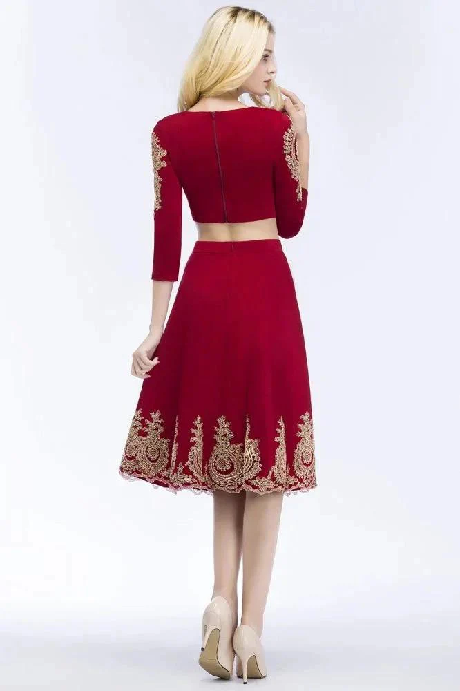 A-line Two-piece Plus Size Tea Length Long Sleeves Appliques Homecoming Dresses - Image 3