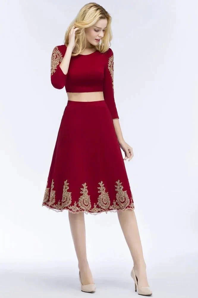 A-line Two-piece Plus Size Tea Length Long Sleeves Appliques Homecoming Dresses - Image 4