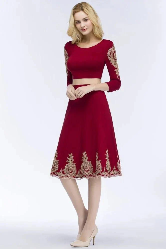 A-line Two-piece Plus Size Tea Length Long Sleeves Appliques Homecoming Dresses - Image 5