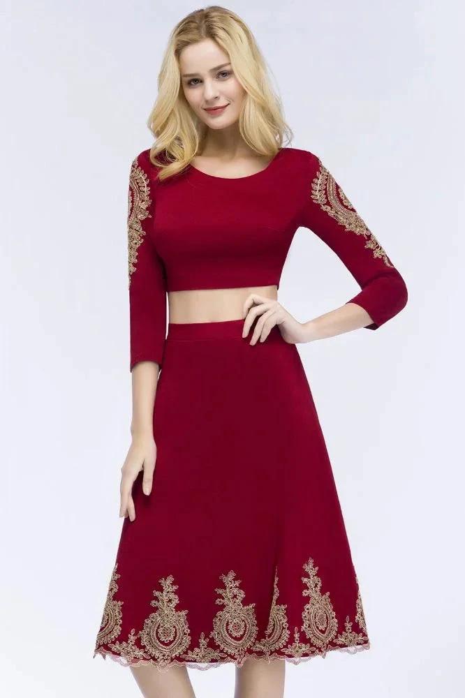 A-line Two-piece Plus Size Tea Length Long Sleeves Appliques Homecoming Dresses - Image 6