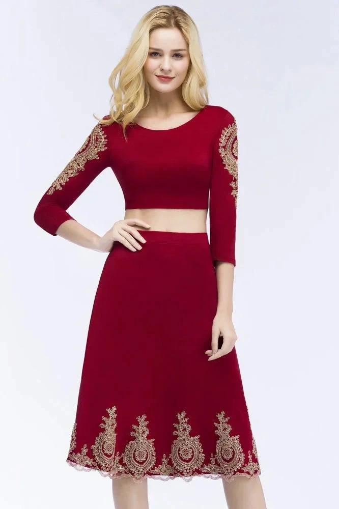 A-line Two-piece Plus Size Tea Length Long Sleeves Appliques Homecoming Dresses - Image 7