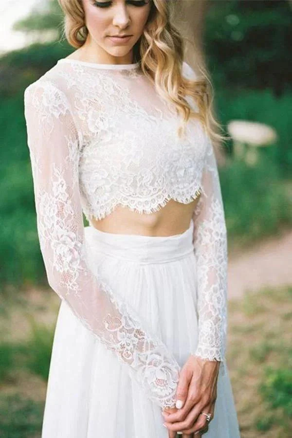 A Line Two Piece Round Neck Long Sleeves Lace Beach Wedding Dresses  WD463 - Image 2