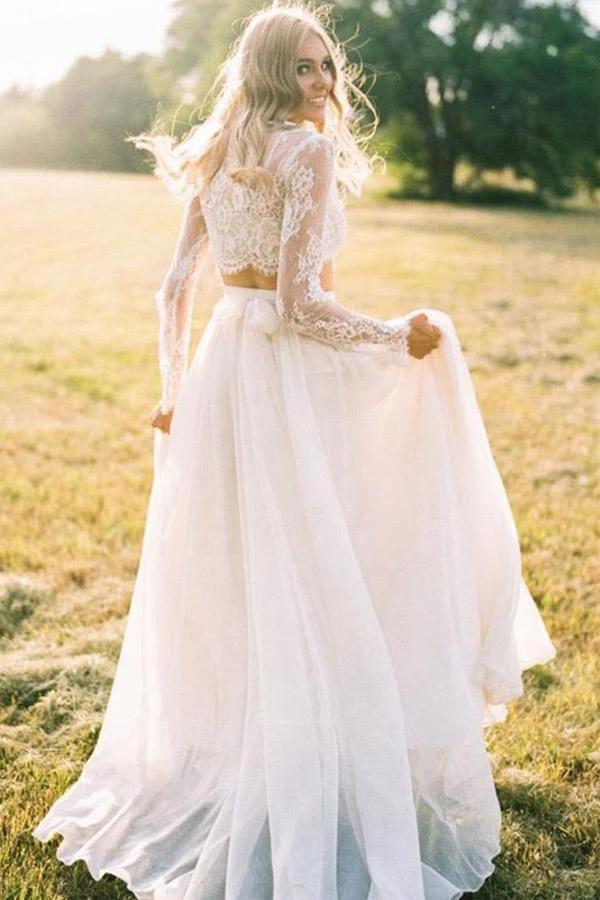 A Line Two Piece Round Neck Long Sleeves Lace Beach Wedding Dresses  WD463 - Image 3