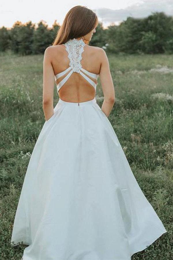 A Line Two Pieces Lace White Wedding Dresses With Pockets WD403 - Image 2