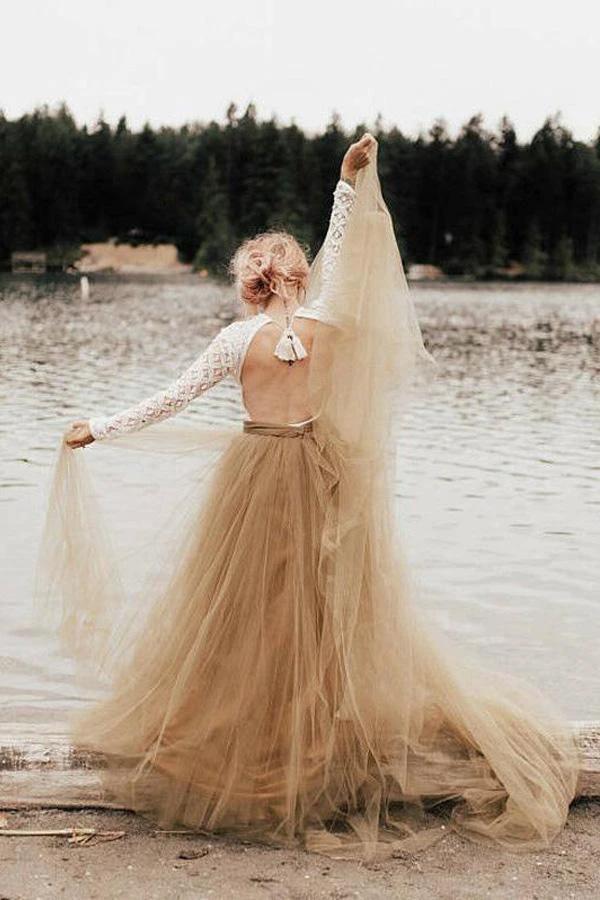 A-Line Long Sleeve Backless Princess Gown Wedding Dress Bridal Gown WD484 - Image 2
