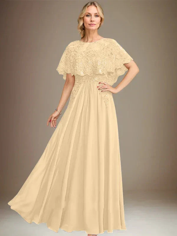 A-line Boat Neck Floor-Length Lace Chiffon Mother of the Bride Dress With Applique Sequins - Image 14