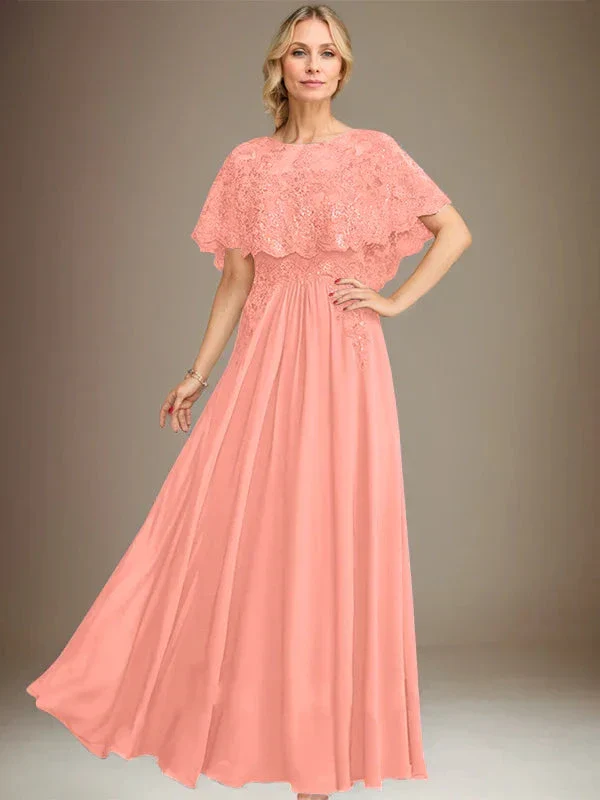 A-line Boat Neck Floor-Length Lace Chiffon Mother of the Bride Dress With Applique Sequins - Image 16