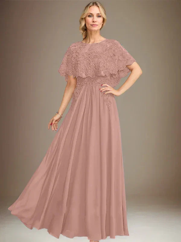 A-line Boat Neck Floor-Length Lace Chiffon Mother of the Bride Dress With Applique Sequins - Image 17