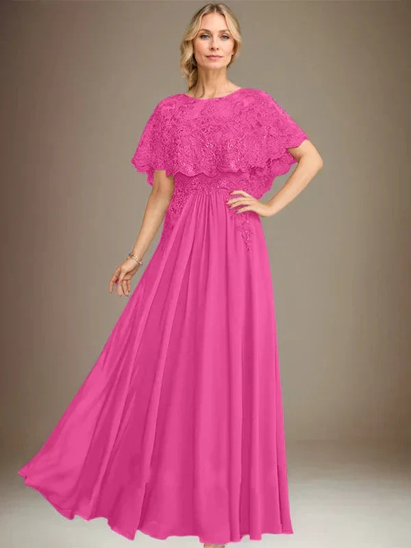 A-line Boat Neck Floor-Length Lace Chiffon Mother of the Bride Dress With Applique Sequins - Image 18