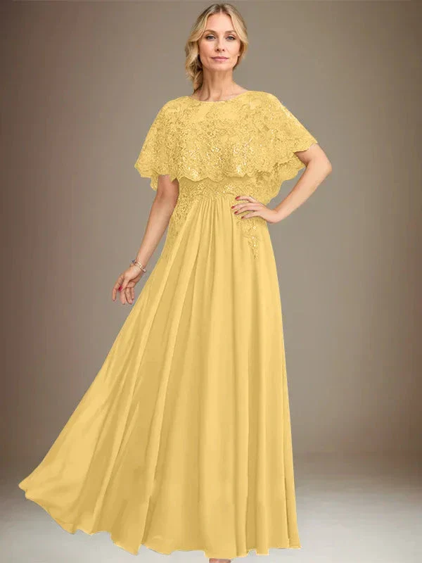A-line Boat Neck Floor-Length Lace Chiffon Mother of the Bride Dress With Applique Sequins - Image 19