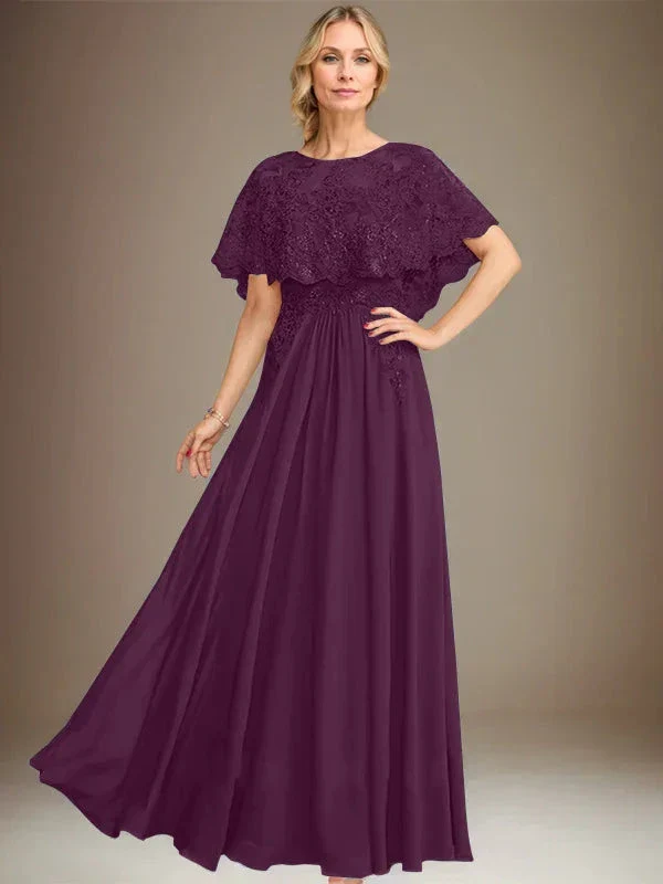 A-line Boat Neck Floor-Length Lace Chiffon Mother of the Bride Dress With Applique Sequins - Image 20
