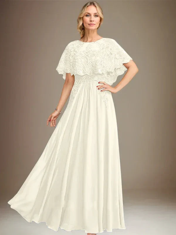 A-line Boat Neck Floor-Length Lace Chiffon Mother of the Bride Dress With Applique Sequins - Image 22