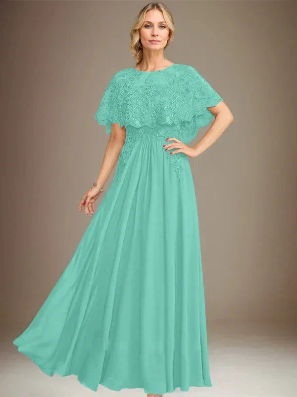 A-line Boat Neck Floor-Length Lace Chiffon Mother of the Bride Dress With Applique Sequins - Image 23