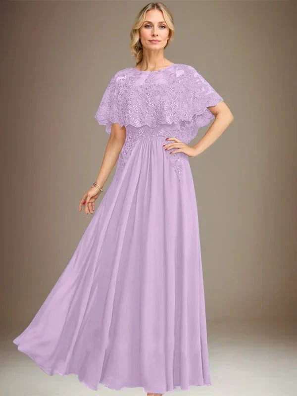 A-line Boat Neck Floor-Length Lace Chiffon Mother of the Bride Dress With Applique Sequins - Image 24