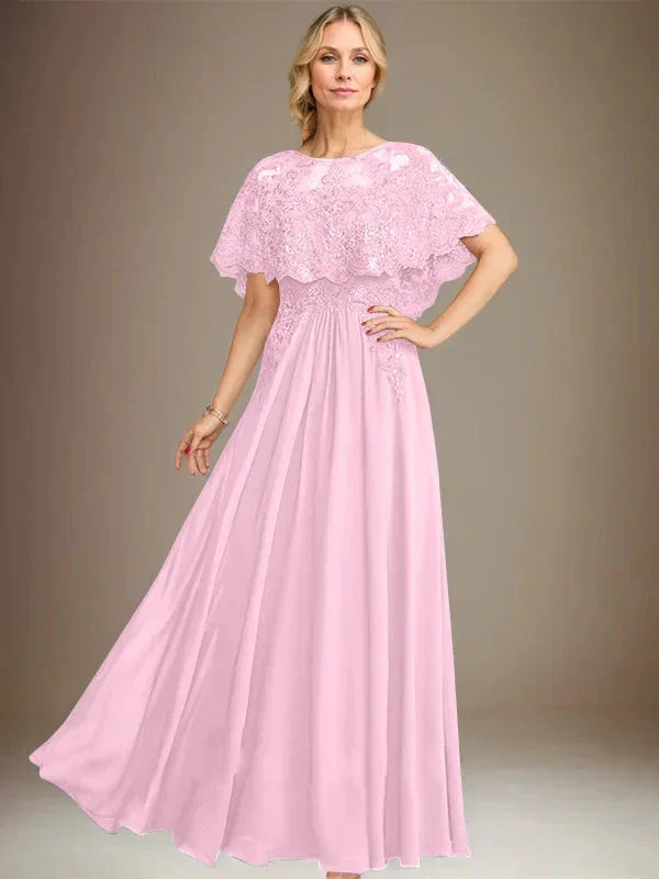 A-line Boat Neck Floor-Length Lace Chiffon Mother of the Bride Dress With Applique Sequins - Image 26