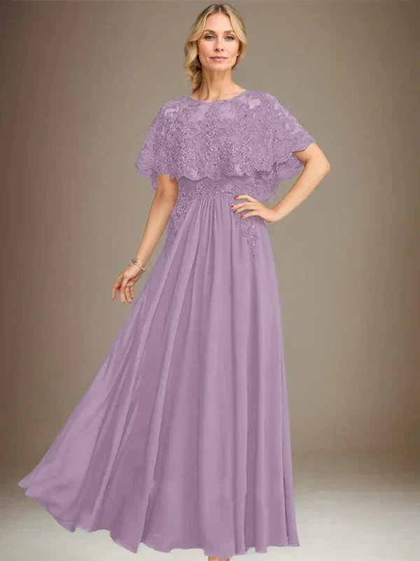 A-line Boat Neck Floor-Length Lace Chiffon Mother of the Bride Dress With Applique Sequins - Image 27