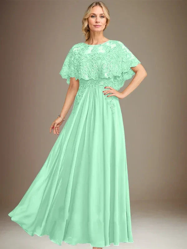 A-line Boat Neck Floor-Length Lace Chiffon Mother of the Bride Dress With Applique Sequins - Image 28