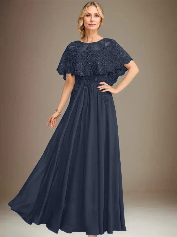 A-line Boat Neck Floor-Length Lace Chiffon Mother of the Bride Dress With Applique Sequins - Image 29