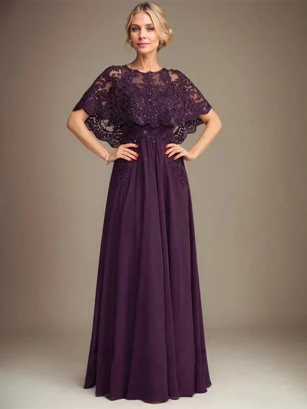 A-line Boat Neck Floor-Length Lace Chiffon Mother of the Bride Dress With Applique Sequins - Image 3