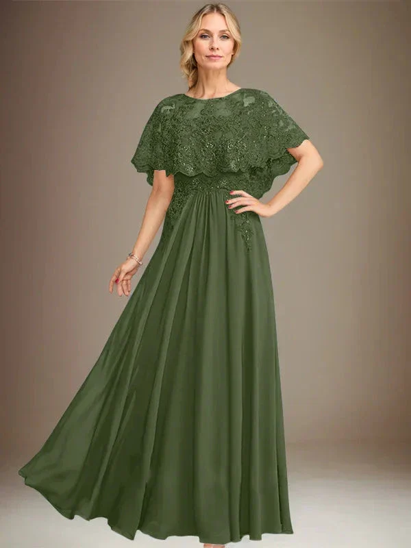 A-line Boat Neck Floor-Length Lace Chiffon Mother of the Bride Dress With Applique Sequins - Image 30