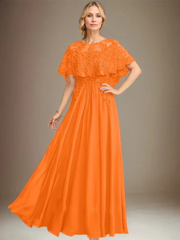 A-line Boat Neck Floor-Length Lace Chiffon Mother of the Bride Dress With Applique Sequins - Image 31