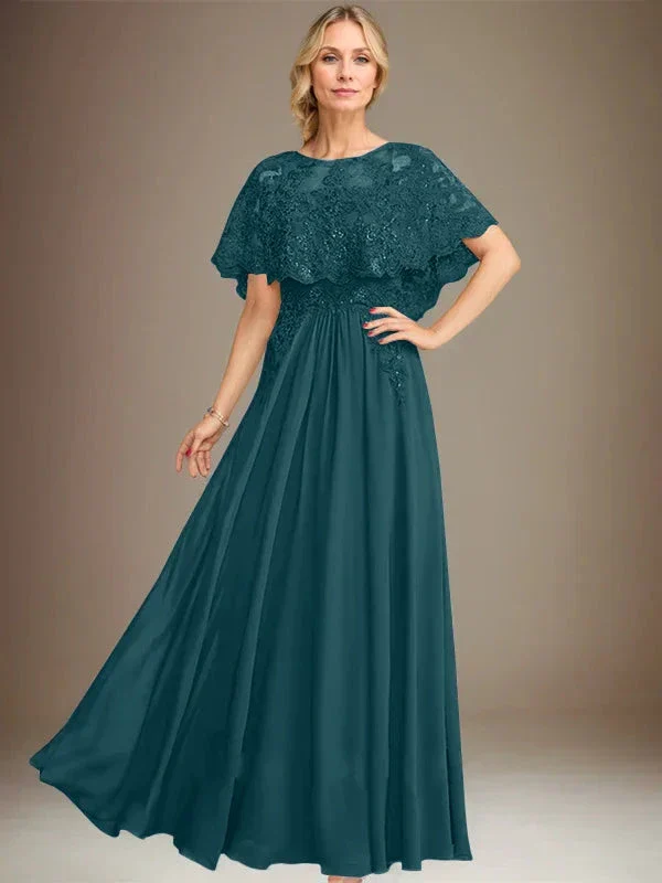 A-line Boat Neck Floor-Length Lace Chiffon Mother of the Bride Dress With Applique Sequins - Image 32