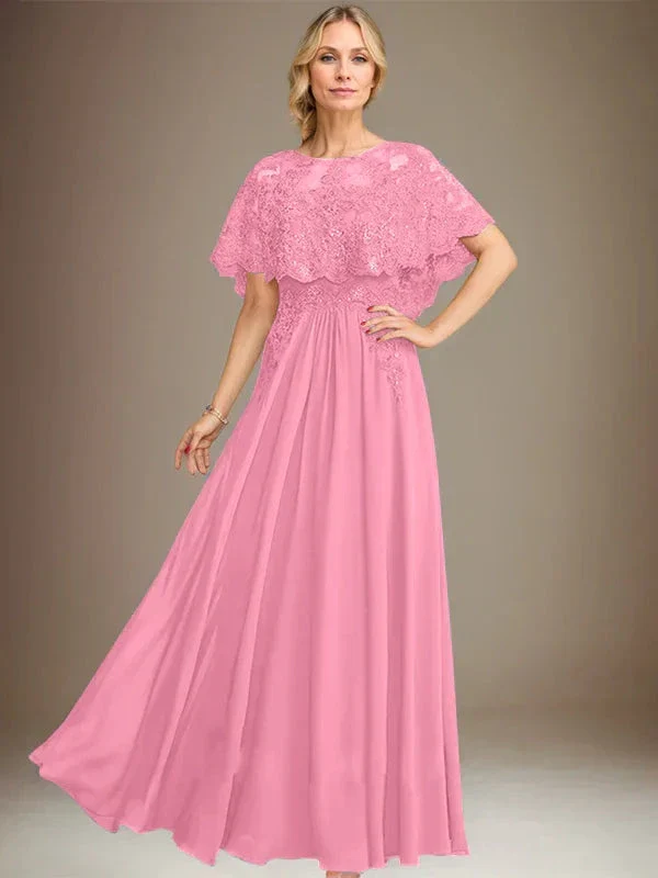 A-line Boat Neck Floor-Length Lace Chiffon Mother of the Bride Dress With Applique Sequins - Image 33