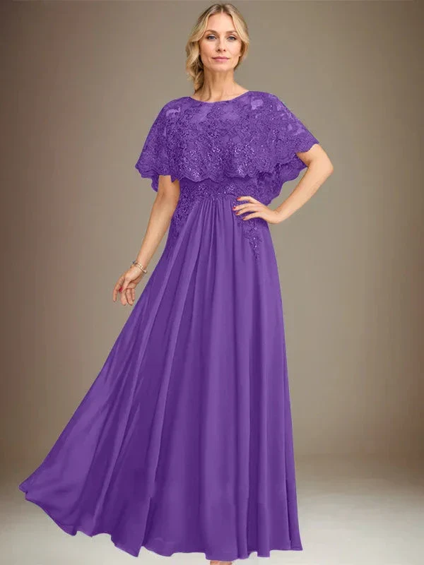 A-line Boat Neck Floor-Length Lace Chiffon Mother of the Bride Dress With Applique Sequins - Image 34