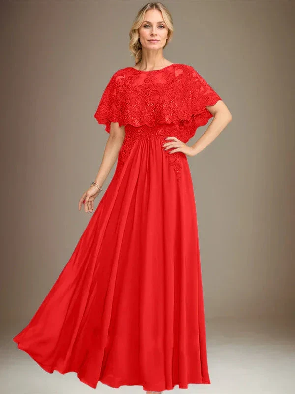 A-line Boat Neck Floor-Length Lace Chiffon Mother of the Bride Dress With Applique Sequins - Image 35