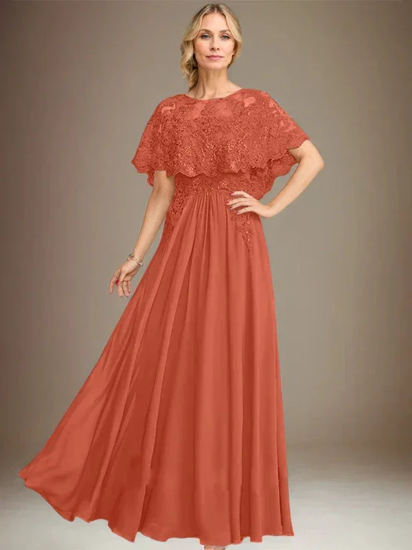 A-line Boat Neck Floor-Length Lace Chiffon Mother of the Bride Dress With Applique Sequins - Image 37