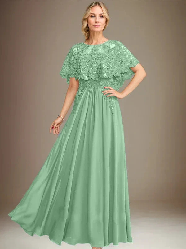 A-line Boat Neck Floor-Length Lace Chiffon Mother of the Bride Dress With Applique Sequins - Image 38