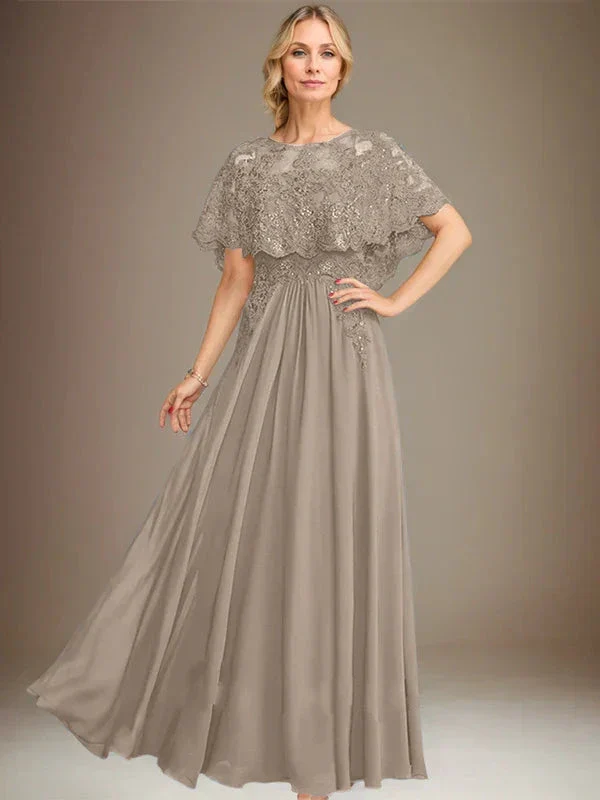 A-line Boat Neck Floor-Length Lace Chiffon Mother of the Bride Dress With Applique Sequins - Image 39
